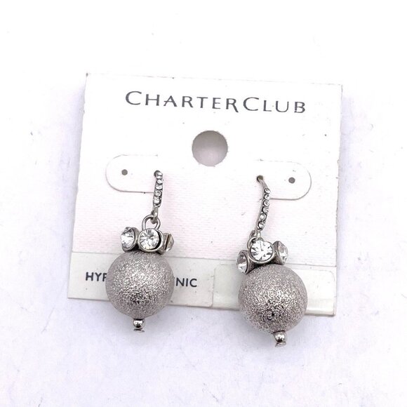 Charter Club Textured Ball Rhinestone Dangle Earrings Silver Tone Hook Closure - Picture 1 of 4